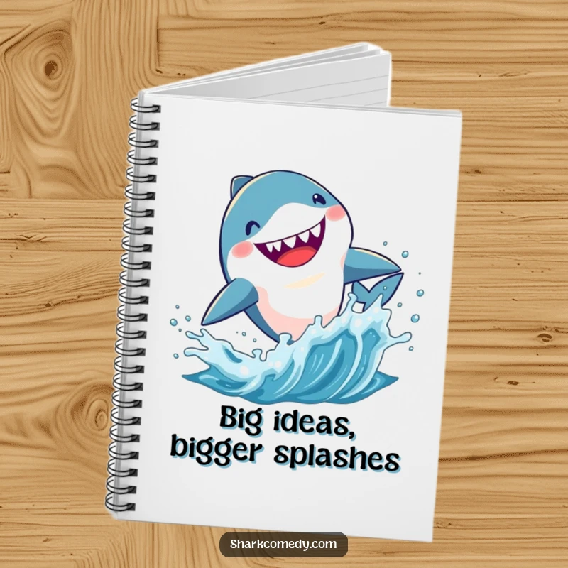 Funny Kawaii shark notebook, a cute shark leaping energetically from splashing water, ideal for jotting down creative ideas.