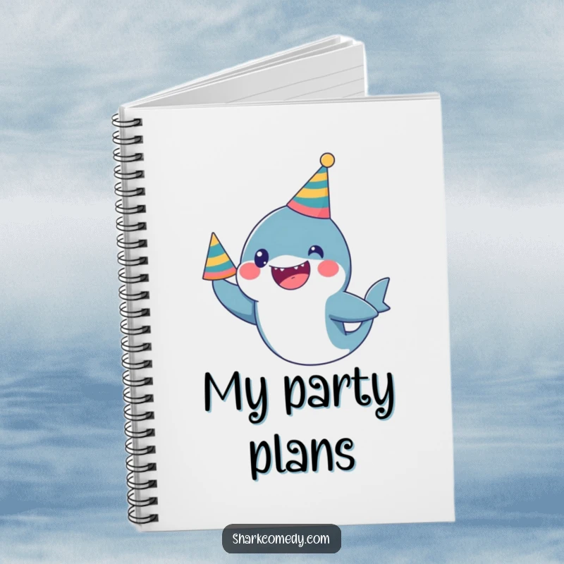 Funny Notebook: A kawaii shark wearing a party hat looks excited, ideal for jotting down celebratory thoughts.