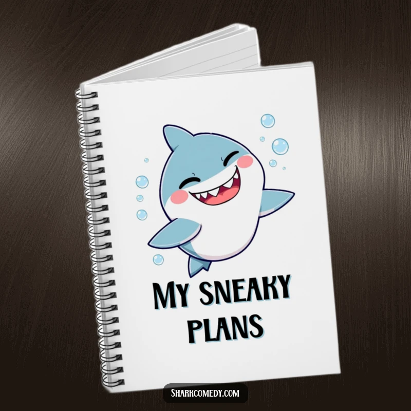 Funny notebook cover featuring a kawaii shark winking mischievously while chasing bubbles, inspiring fun and playful note-taking.