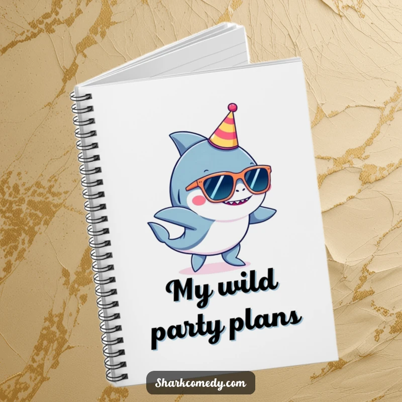 Funny shark wearing oversized sunglasses and a tiny party hat, dancing on the cover of a lined notebook.