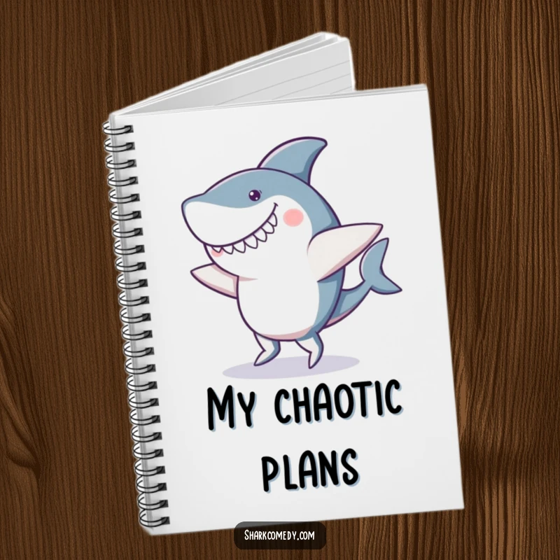 Funny notebook cover showing a shark doing a clumsy dance with a happy, goofy smile and distinctly wobbly fins, perfect for jotting notes.
