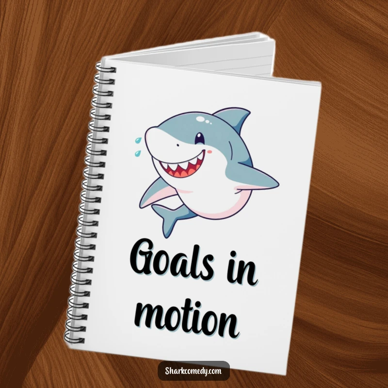 Funny notebook cover with a determined shark sprinting intensely, sweat flying, and a happy, focused look, ideal for planners.