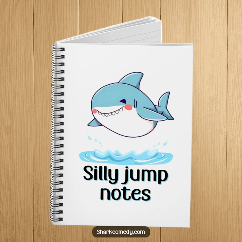 Funny Small Shark Notebook with a small shark and a silly grin, leaping out of the water, perfect for jotting down ideas.