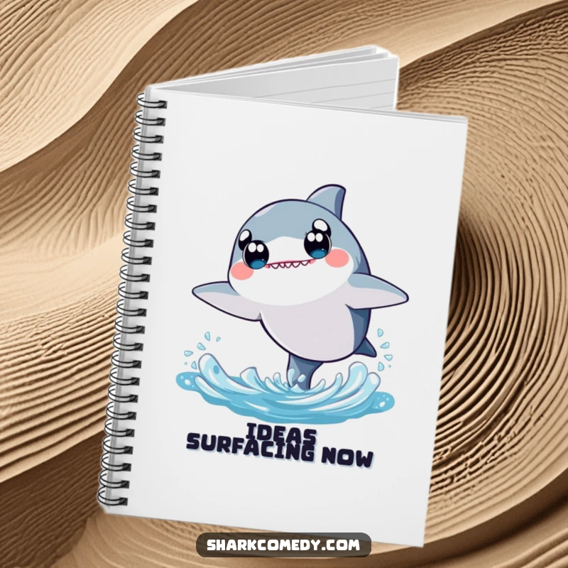 Cute kawaii shark notebook with a cover illustration of a shark with wide eyes, joyfully leaping from the water.