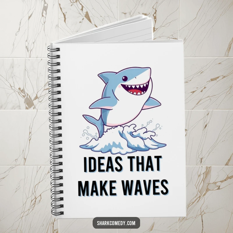 Funny tiny shark notebook featuring a small shark leaping from a wave with a wide, joyful grin, ideal for jotting down ideas.