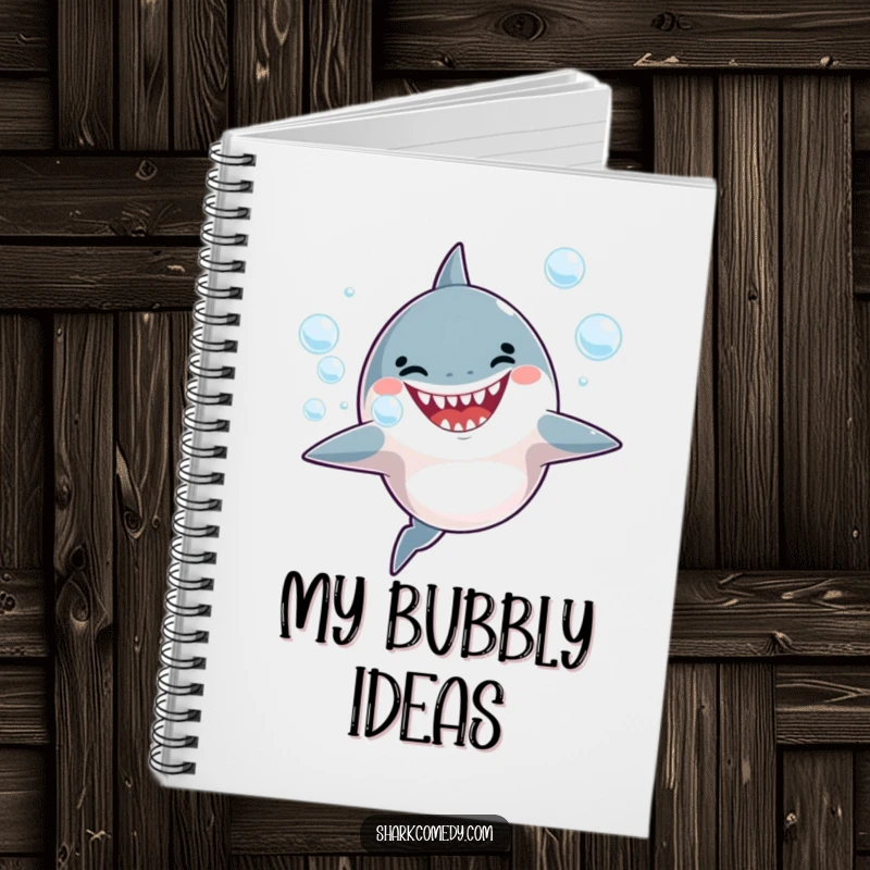 Funny Notebook with a happy shark blowing bubbles, perfect for jotting down creative ideas.