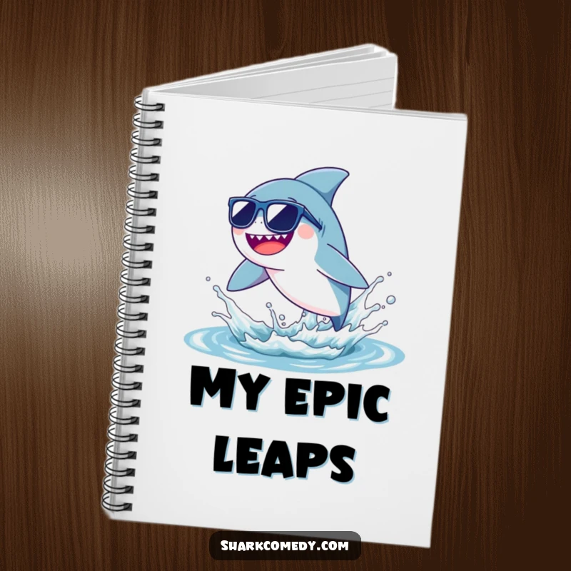 Funny tiny shark notebook featuring a shark wearing sunglasses, leaping from a water splash, perfect for jotting down ideas with humor.
