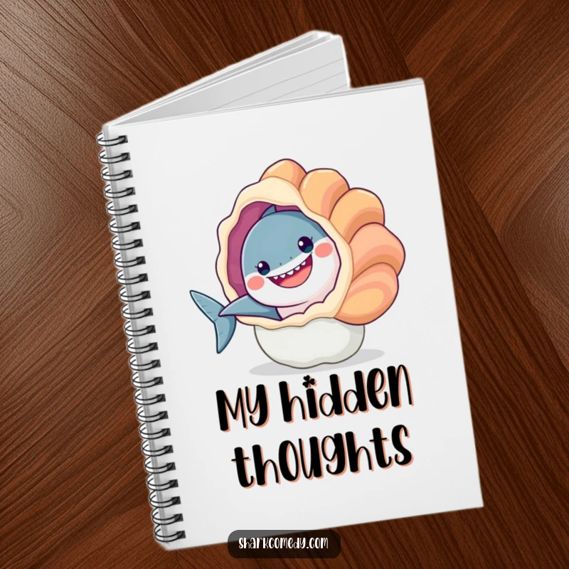Funny notebook cover: a smiling shark peeking out from behind a large seashell. Great for jotting down ideas.