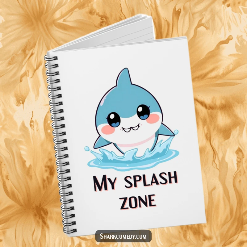 Funny kawaii shark notebook with large, endearing eyes, hinting at a water splash, designed for creative minds and humorous gifting.