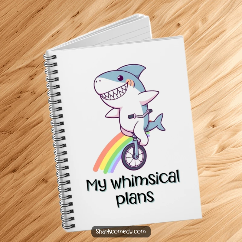 Funny shark character notebook, with a goofy grin, riding a unicycle on a rainbow, a fun and whimsical journal for capturing creative thoughts.