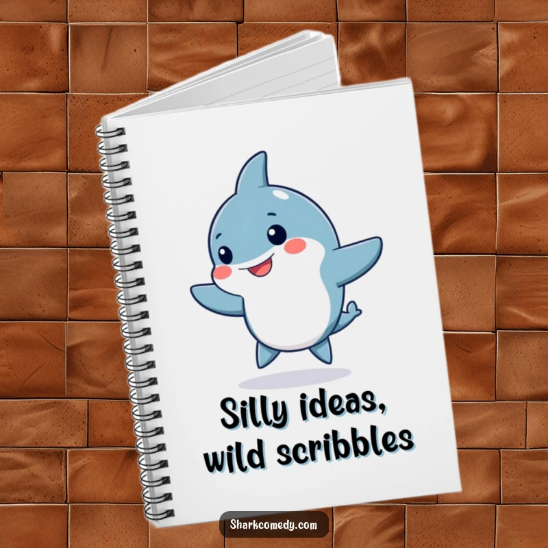 Funny Kawaii shark notebook, a cute shark doing a silly dance with fins waving, ideal for jotting down creative dance ideas.