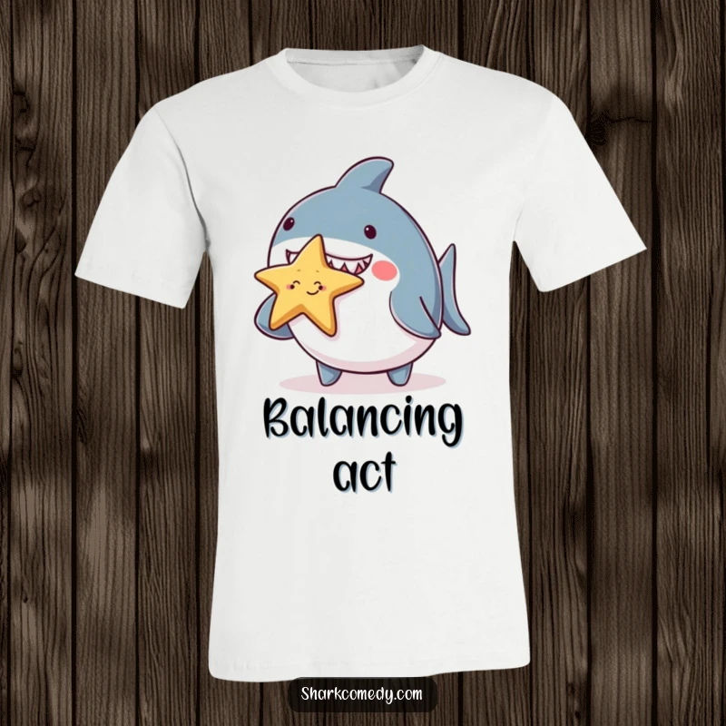 Funny chubby shark t-shirt, precariously balancing a tiny smiling starfish on its nose, a cute and humorous design for animal enthusiasts.