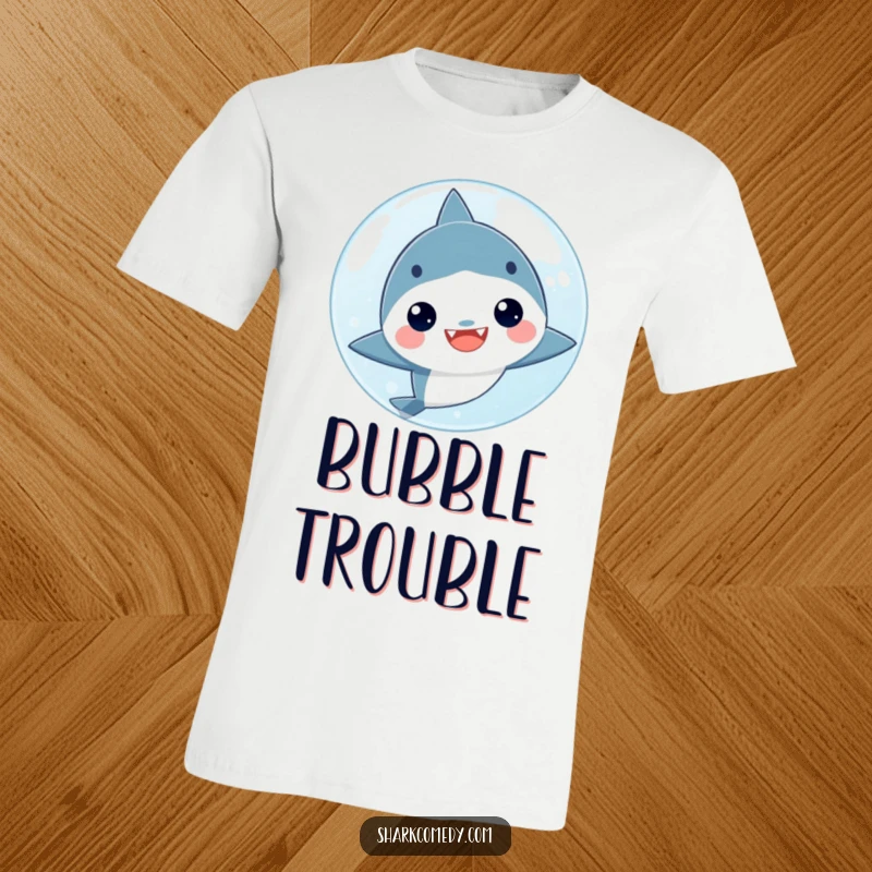 Funny kawaii shark peeking shyly from behind a large, shimmering bubble on a t-shirt, perfect for casual wear and gifting.