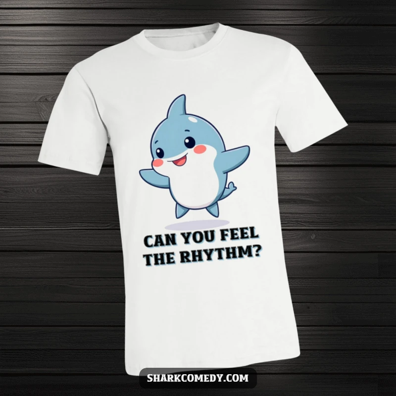 Funny Kawaii shark t-shirt, a cute shark doing a silly dance with its fins waving joyfully, capturing pure exuberance.