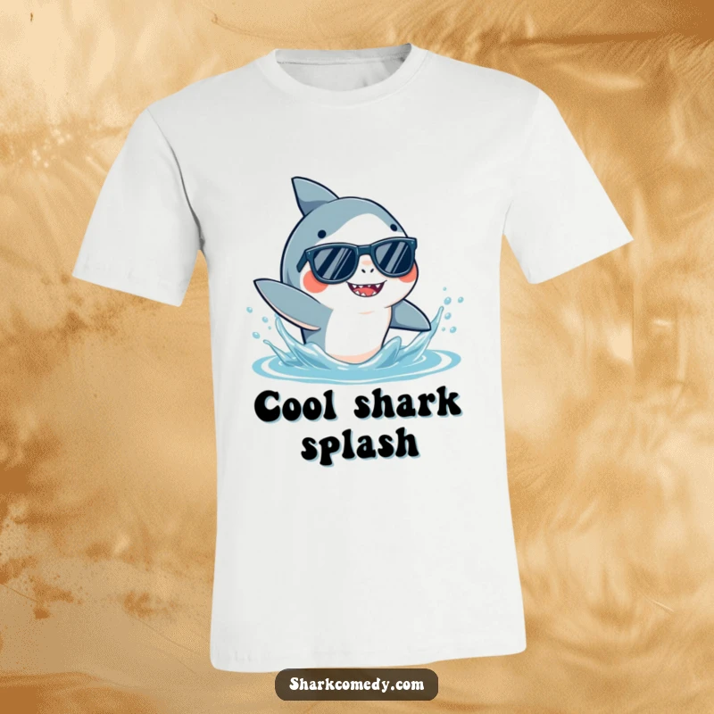 Funny Shark T-Shirt featuring a shark in sunglasses, energetically splashing water with its fin, embodying cool beach vibes.