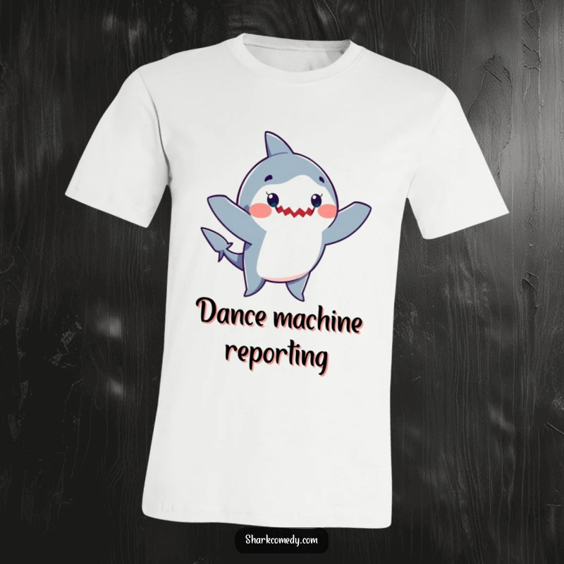 Funny t-shirt showing a cheerful shark performing a silly dance with its arms waving gleefully, radiating pure happiness and playful energy.