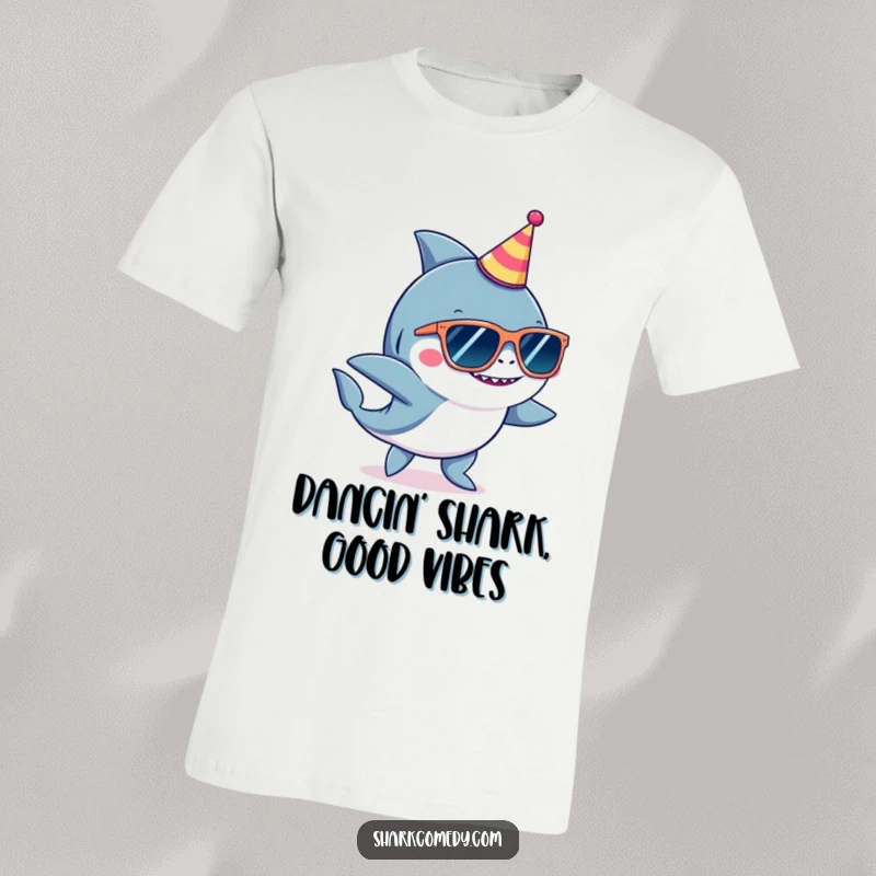 Funny shark wearing oversized sunglasses and a small party hat, dynamically dancing on a comfortable, humorous t-shirt.
