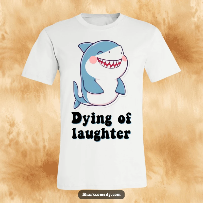 Funny giggling shark t-shirt featuring a shark laughing uncontrollably with its belly, symbolizing immense joy and humor.