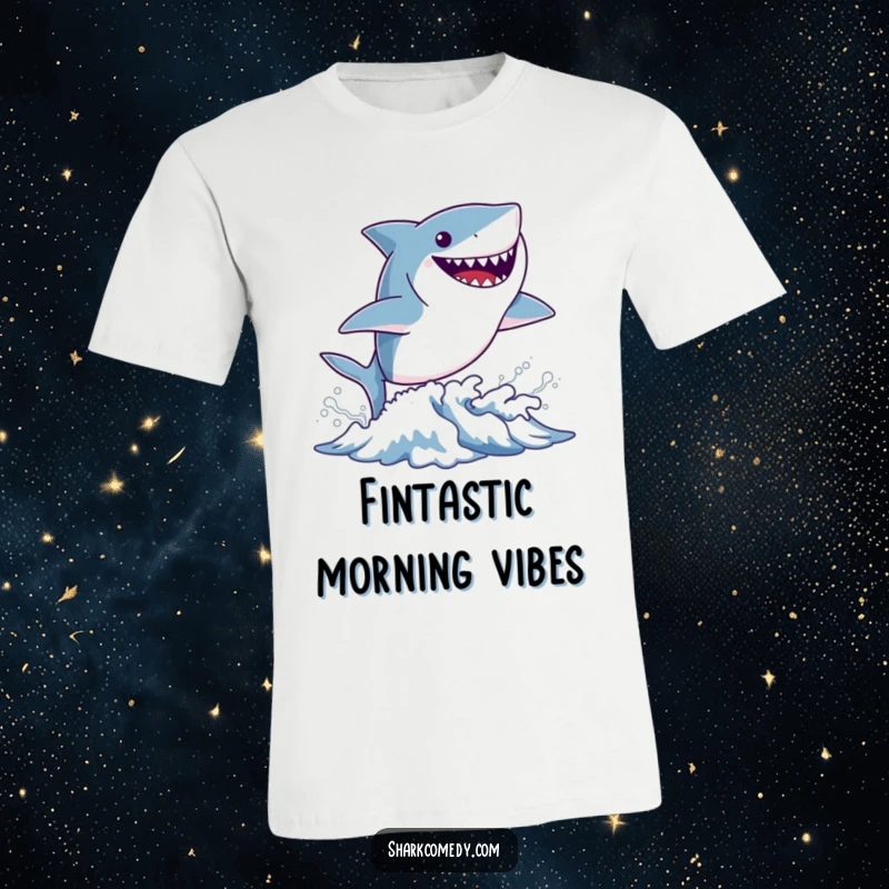 Funny tiny shark t-shirt with a small shark leaping from a wave, sporting a wide, infectious grin, conveying pure aquatic joy.