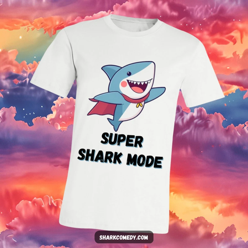 Funny T-Shirt with a shark wearing a cape, flying joyfully, symbolizing freedom and power.