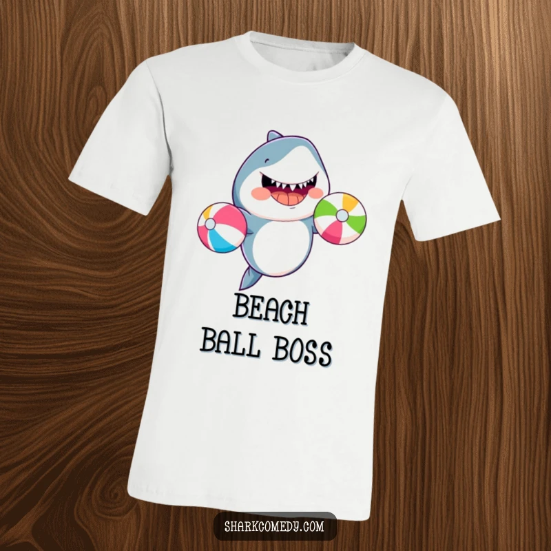 Funny shark smiling while juggling colorful beach balls, printed on a t-shirt, celebrating summer and fun.
