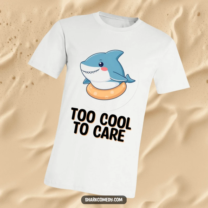 Funny kawaii shark t-shirt showing a cute shark blissfully floating on a rubber ring, embodying pure relaxation and happiness.