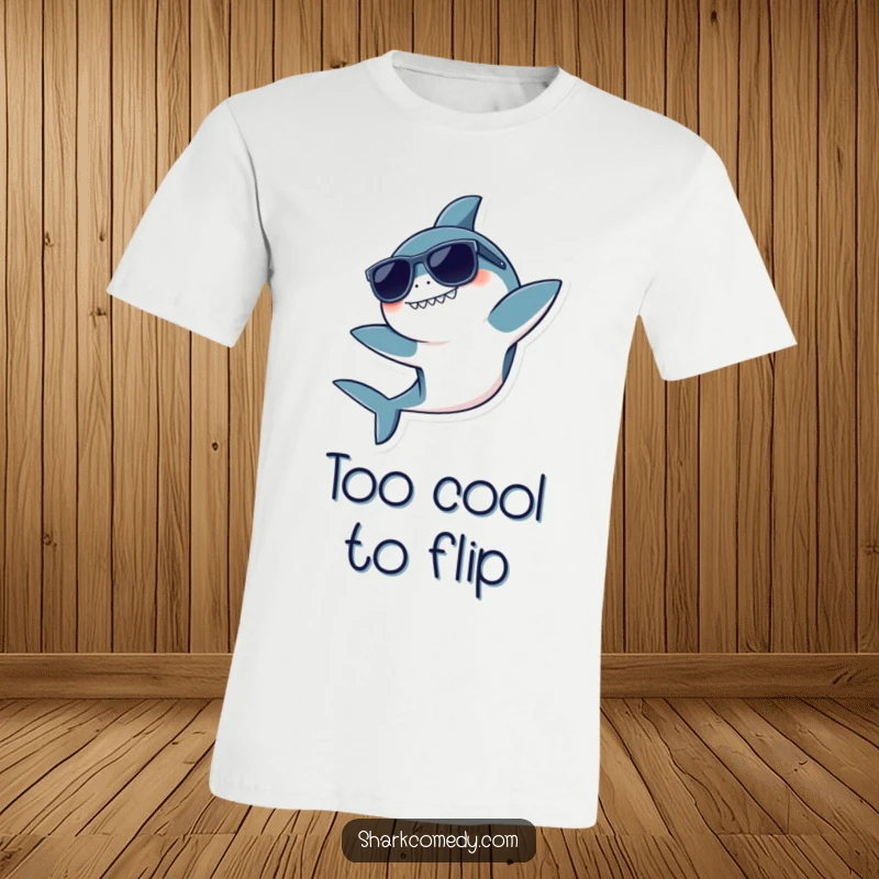 Funny t-shirt depicting a kawaii shark wearing sunglasses, performing a playful flip, showcasing a cool and humorous style.