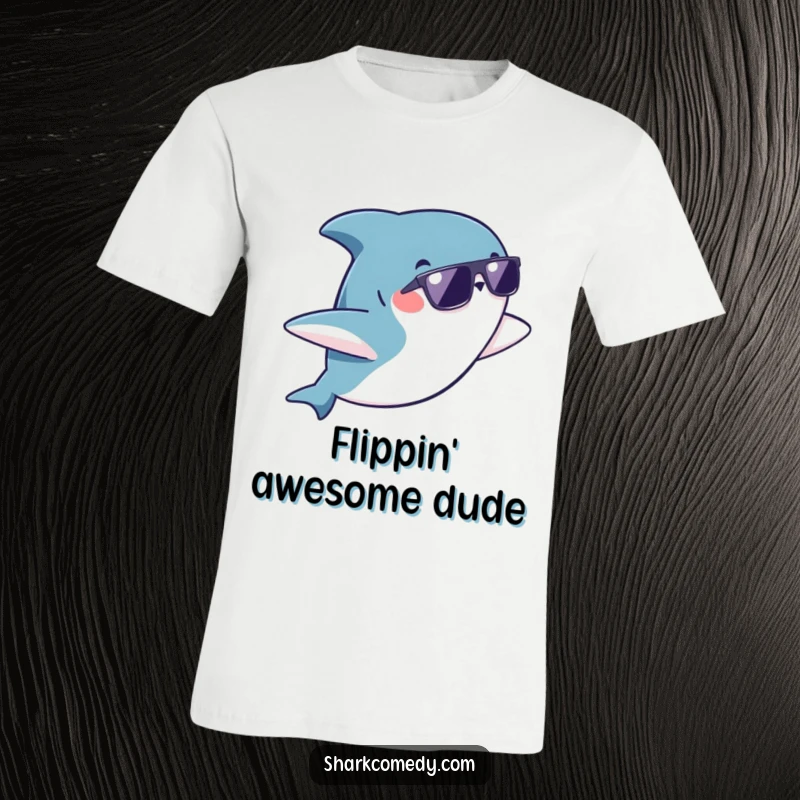 Funny kawaii shark wearing sunglasses mid-flip on a t-shirt, capturing a moment of pure, cool joy and silliness.