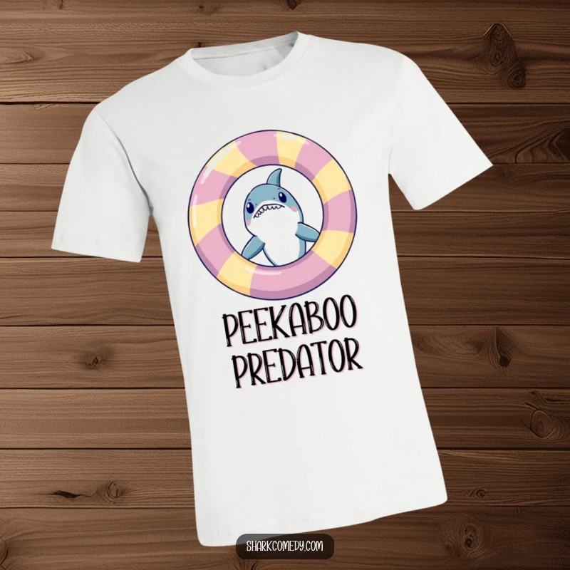 Funny shark peeking out from behind a large inflatable ring, printed on a t-shirt, celebrating summer fun.
