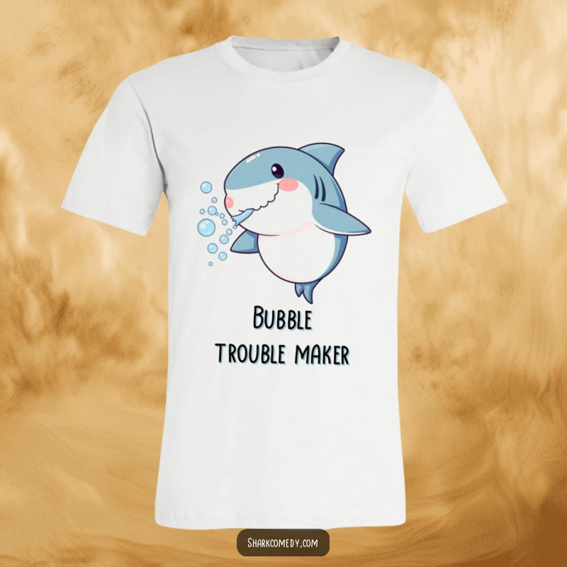 Funny shark t-shirt blowing a stream of bubbles, playful marine life graphic, perfect for casual wear gift.
