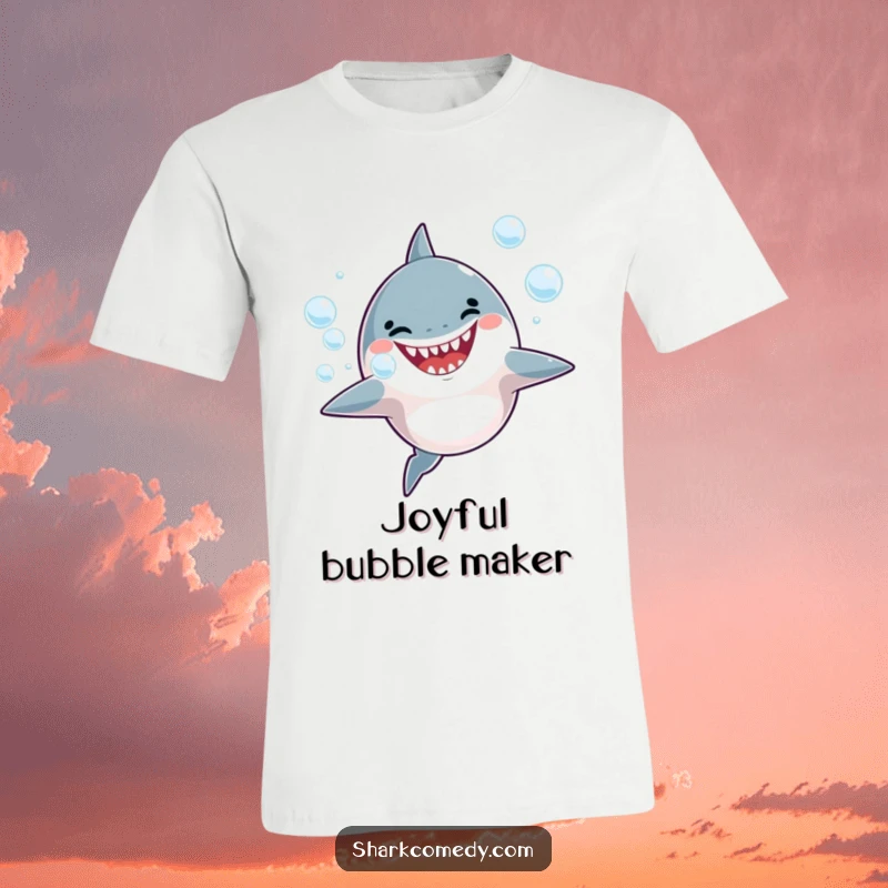 Funny T-Shirt with a happy shark blowing bubbles, radiating pure joy and aquatic fun.