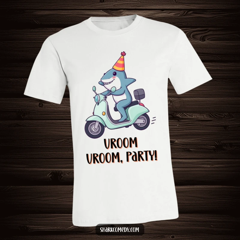Funny shark t-shirt featuring a shark in a party hat zooming on a scooter, symbolizing fun and adventure.