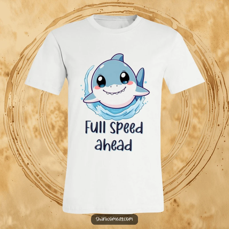 Funny shark t-shirt featuring a cute character with wide eyes, swimming rapidly and causing a big water splash, perfect for casual wear.