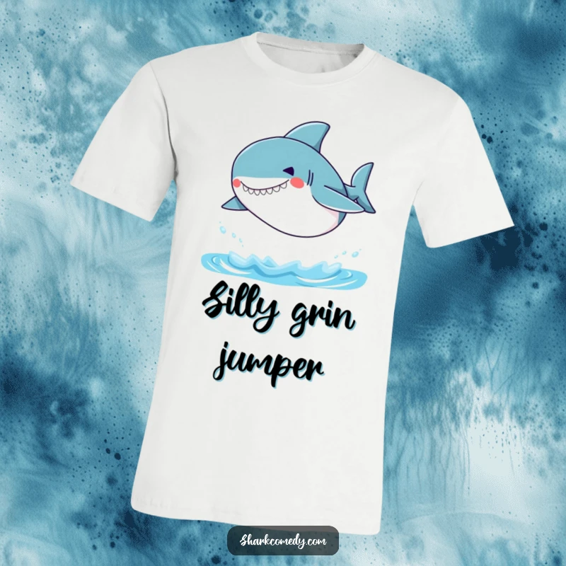 Funny Small Shark T-Shirt featuring a little shark with a wide, silly grin, energetically jumping out of the water.