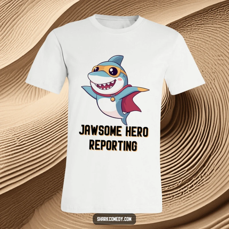 Funny shark t-shirt with a dramatic superhero pose and a flowing cape, exuding power and humorous charm.