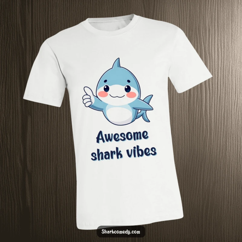 Funny T-Shirt with a shark giving a thumbs up, rosy cheeks indicating happiness and approval.
