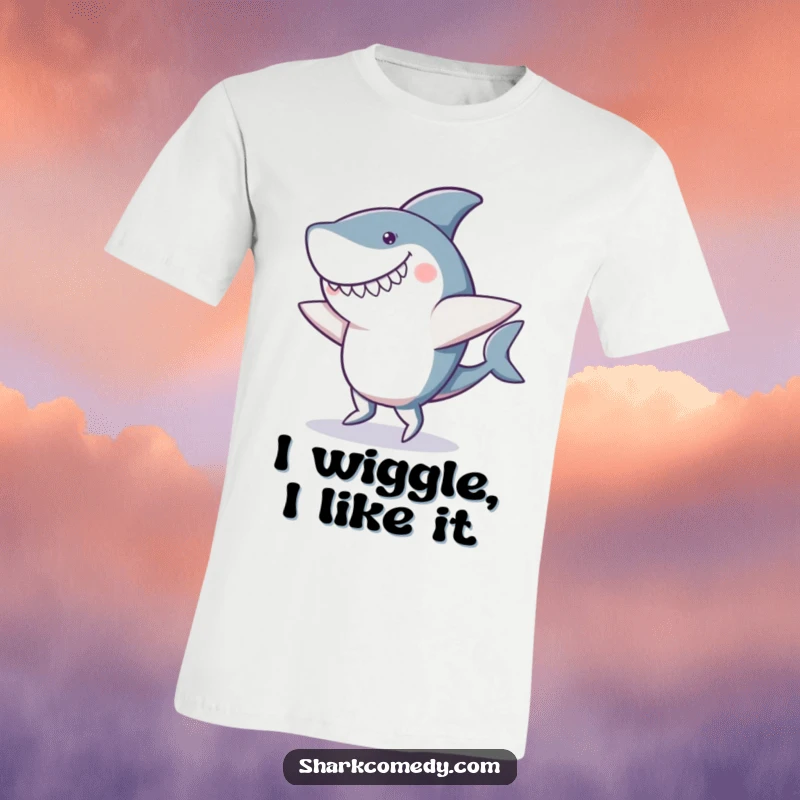 Funny t-shirt featuring a shark enthusiastically doing a clumsy dance, showcasing its wobbly fins and a wide, goofy grin.