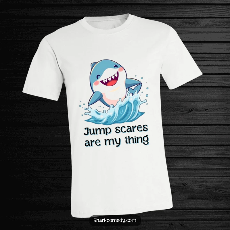 Funny Kawaii shark t-shirt, a cute shark enthusiastically leaping high out of crashing, splashing ocean water.