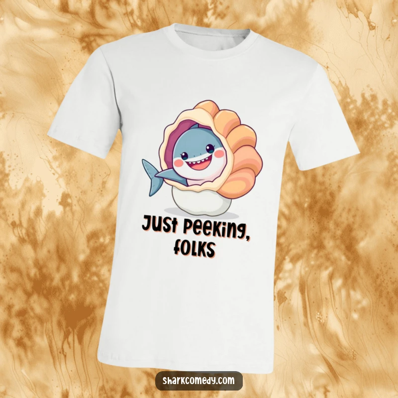 Funny t-shirt graphic of a happy shark peeking out from behind a huge, colorful seashell. Whimsical and charming design.