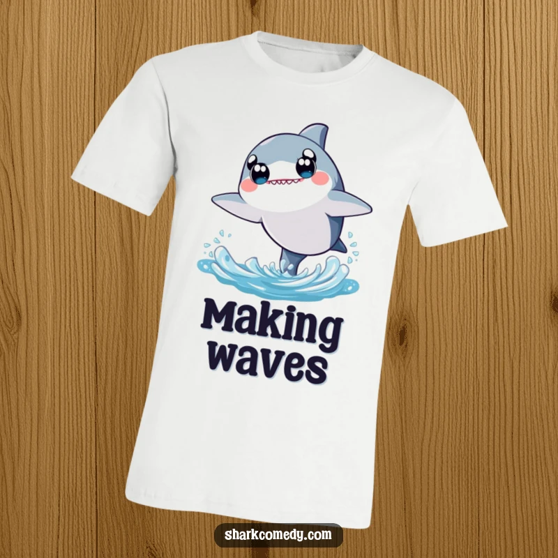 Cute kawaii shark t-shirt featuring a shark character with huge wide eyes, joyfully leaping high out of the water with excitement.
