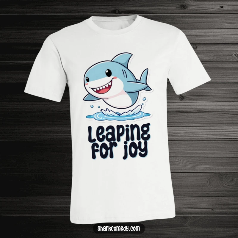 Funny shark t-shirt featuring a small character with a comically oversized head, leaping joyfully out of the water, conveying pure excitement.
