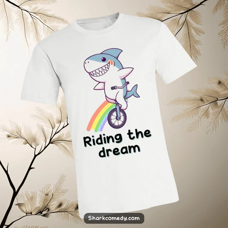 Funny shark character t-shirt, sporting a goofy grin, riding a unicycle on a rainbow, depicting happiness and whimsical adventure.