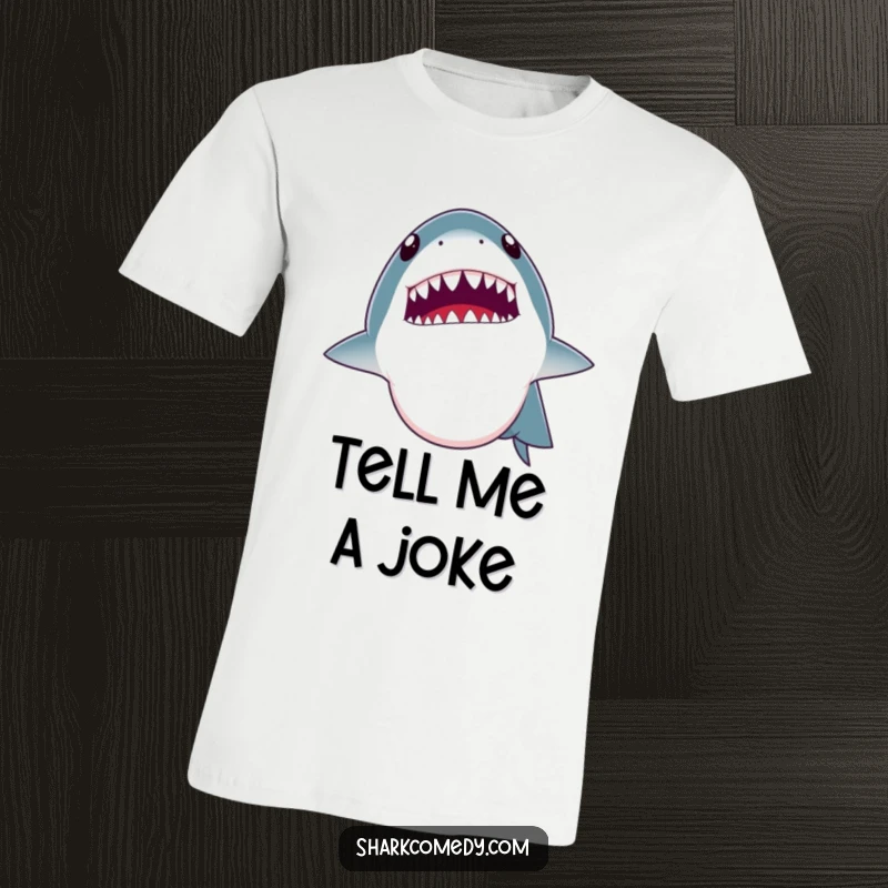 Funny t-shirt design of a shark with its mouth wide open, about to tell a joke, showing off its small teeth. Amusing and quirky.