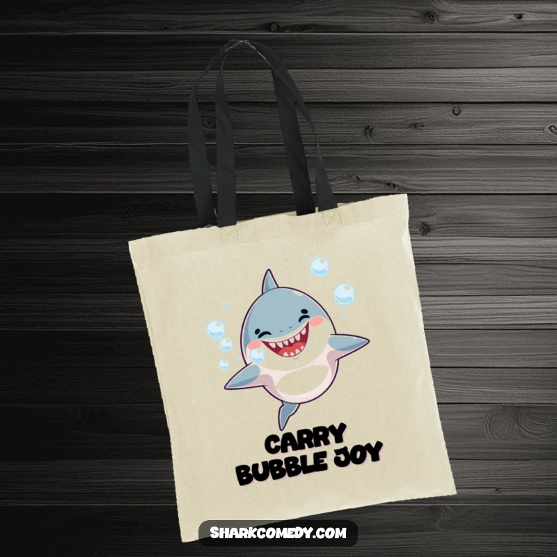 Funny Tote Bag with a happy shark blowing bubbles, perfect for carrying essentials with joy.