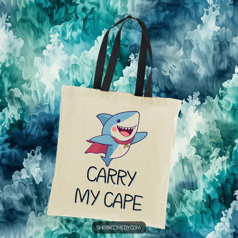 Funny Tote Bag with a shark wearing a cape, flying joyfully, perfect for carrying daily items.