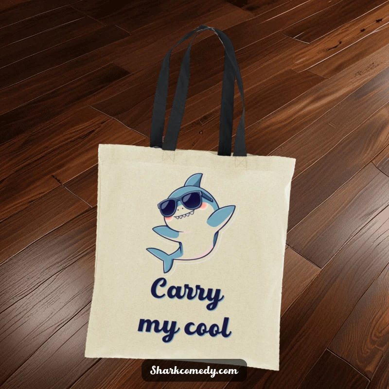Funny tote bag with a kawaii shark wearing sunglasses, doing a playful flip, perfect for carrying essentials with cool humor.