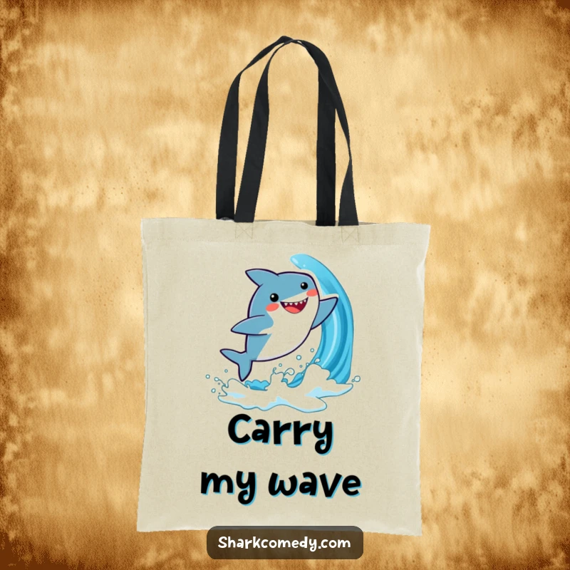 Funny tote bag depicting a cute, kawaii shark leaping energetically from a blue wave, symbolizing joy and ocean adventures.