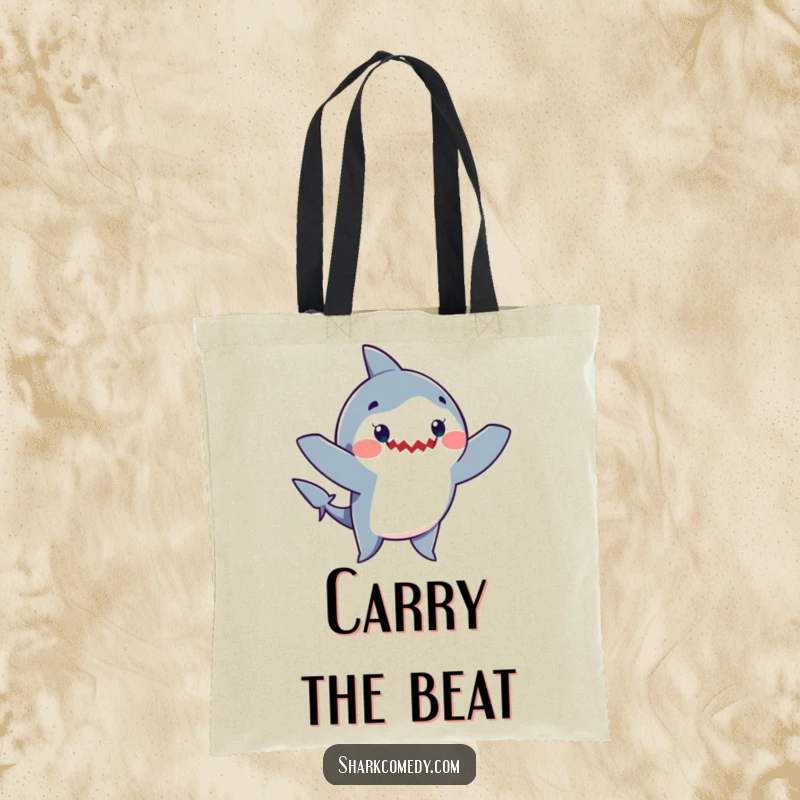 Funny tote bag showcasing a happy shark with arms up, dancing joyfully with a wide, infectious grin, perfect for carrying fun.
