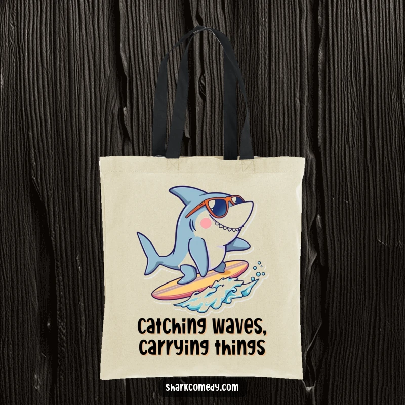 Funny cool shark tote bag with a shark wearing sunglasses surfing a tiny surfboard, perfect for carrying beach day necessities with style.
