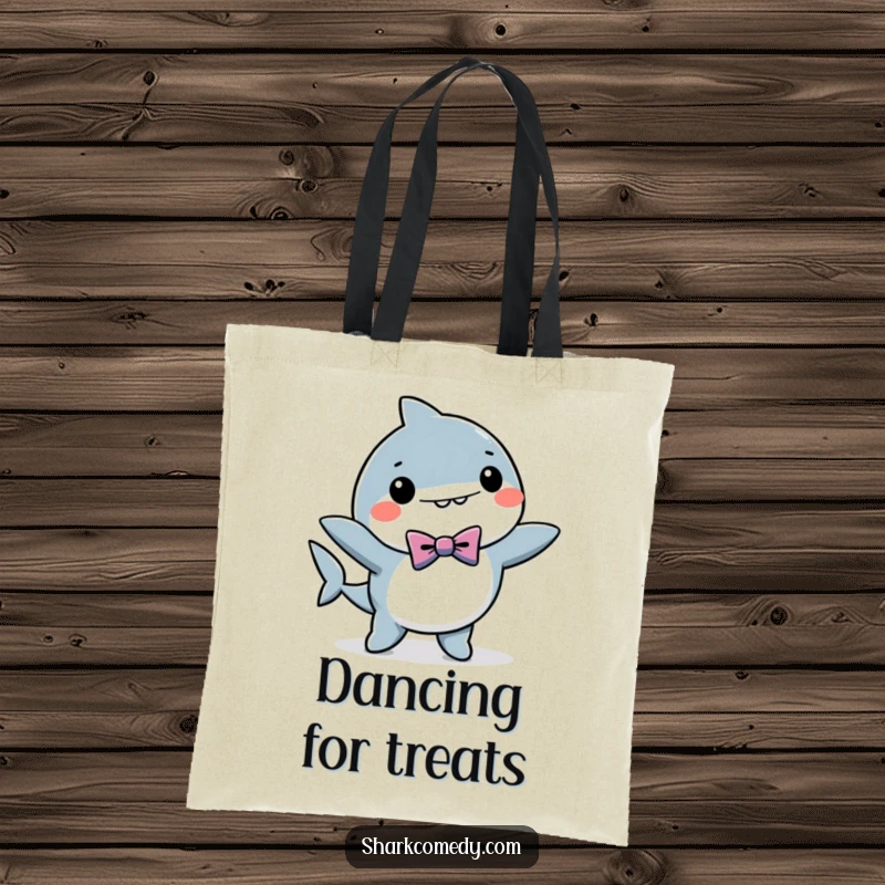 Funny kawaii shark tote bag depicting a shark in a bow tie doing a lively dance, great for shopping and humorous gifting.